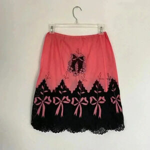 Pink & black lace bow midi slip skirt.